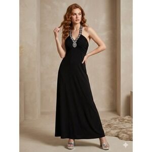 Vtg Y2K Spense Black Halter Maxi Dress Rhinestone Neck Formal Prom Gown 10P Glam